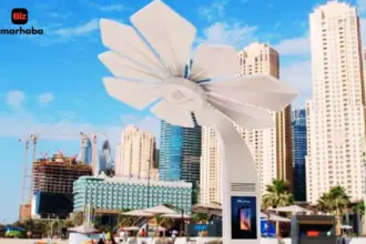 Solar powered palm tree providing WiFi and charging in Dubai public spaces