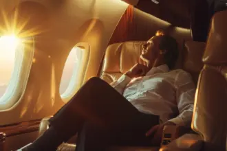 Emirates First Class suite with luxury features on a Dubai to USA flight
