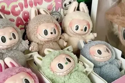 Labubu doll from Popmart next to surprise blind box packaging