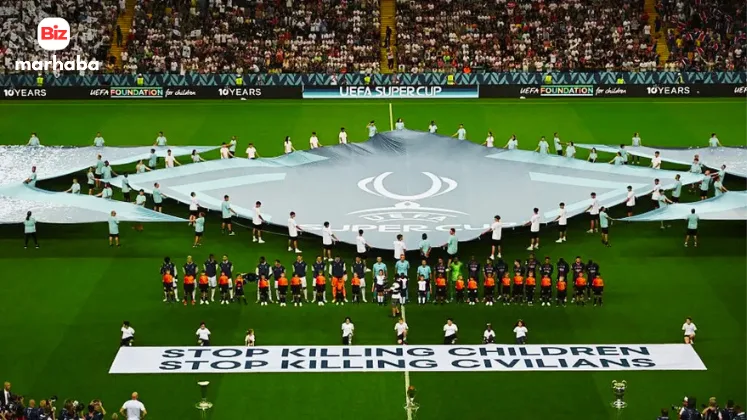 UEFA Super Cup 2025 winner PSG defeats Tottenham in dramatic final with peace message “Stop Killing Children” displayed on the pitch