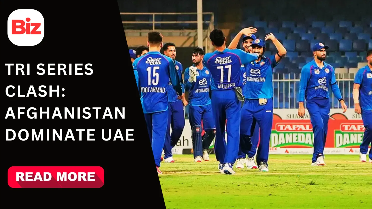 UAE vs AFG tri series match where Afghanistan beat UAE by 38 runs with Rashid Khan and Ibrahim Zadran starring.