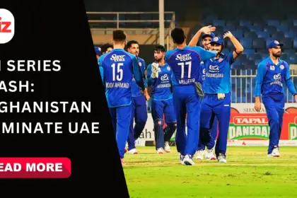 UAE vs AFG tri series match where Afghanistan beat UAE by 38 runs with Rashid Khan and Ibrahim Zadran starring.